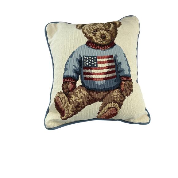 Ralph Lauren Polo Bear American Flag  Woven Throw Pillow Wool 12x12 tag missing - Picture 5 of 6